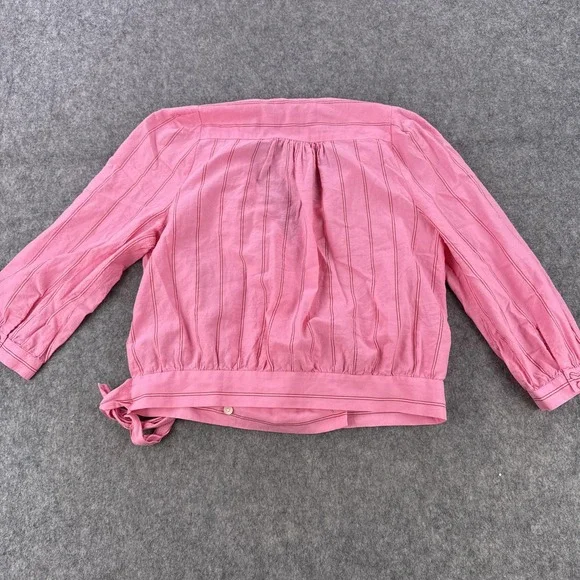 Madewell Blouse Womens Medium Pink Striped Wrap Tie Waist 3/4 Sleeve Cotton - Picture 7 of 11
